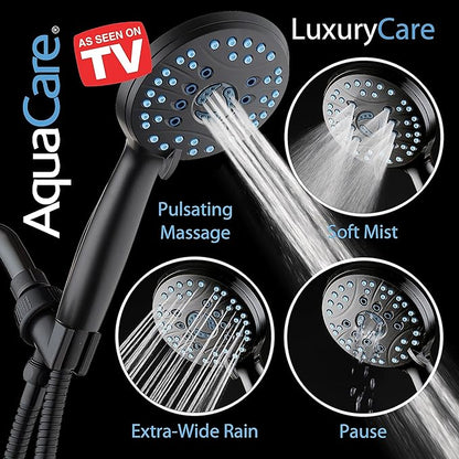 AquaCare High Pressure 8-mode Handheld Shower Head - Anti-clog Nozzles, Built-in Power Wash to Clean Tub, Tile & Pets, Extra Long 6 ft. Stainless Steel Hose, Wall & Overhead Brackets