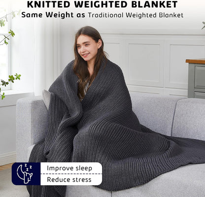 L'AGRATY Knitted Weighted Blanket - 48"x72" 20lbs Cooling Chunky Knit Heavy Blanket for Adults Braided Crochet Throw Thick Cable Yarn Knit Decorative No Beads Evenly Weighted Machine Washable