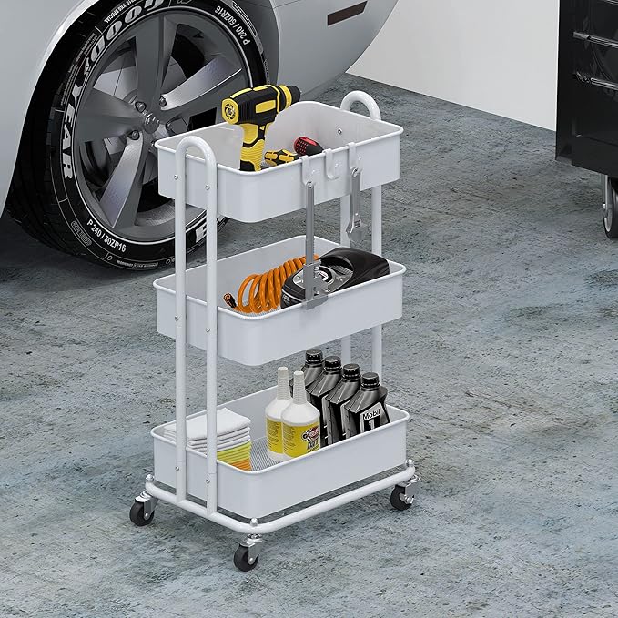 Simple Houseware 3-Tier Heavy Duty Metal Utility Rolling Cart, White