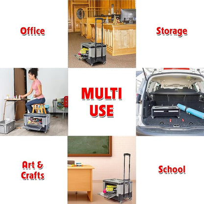 dbest Products Quik Cart Extended Four Wheeled Rolling Crate Teacher Utility with seat Dual Accessible Doors Heavy Duty Collapsible Basket with Two Position Handle
