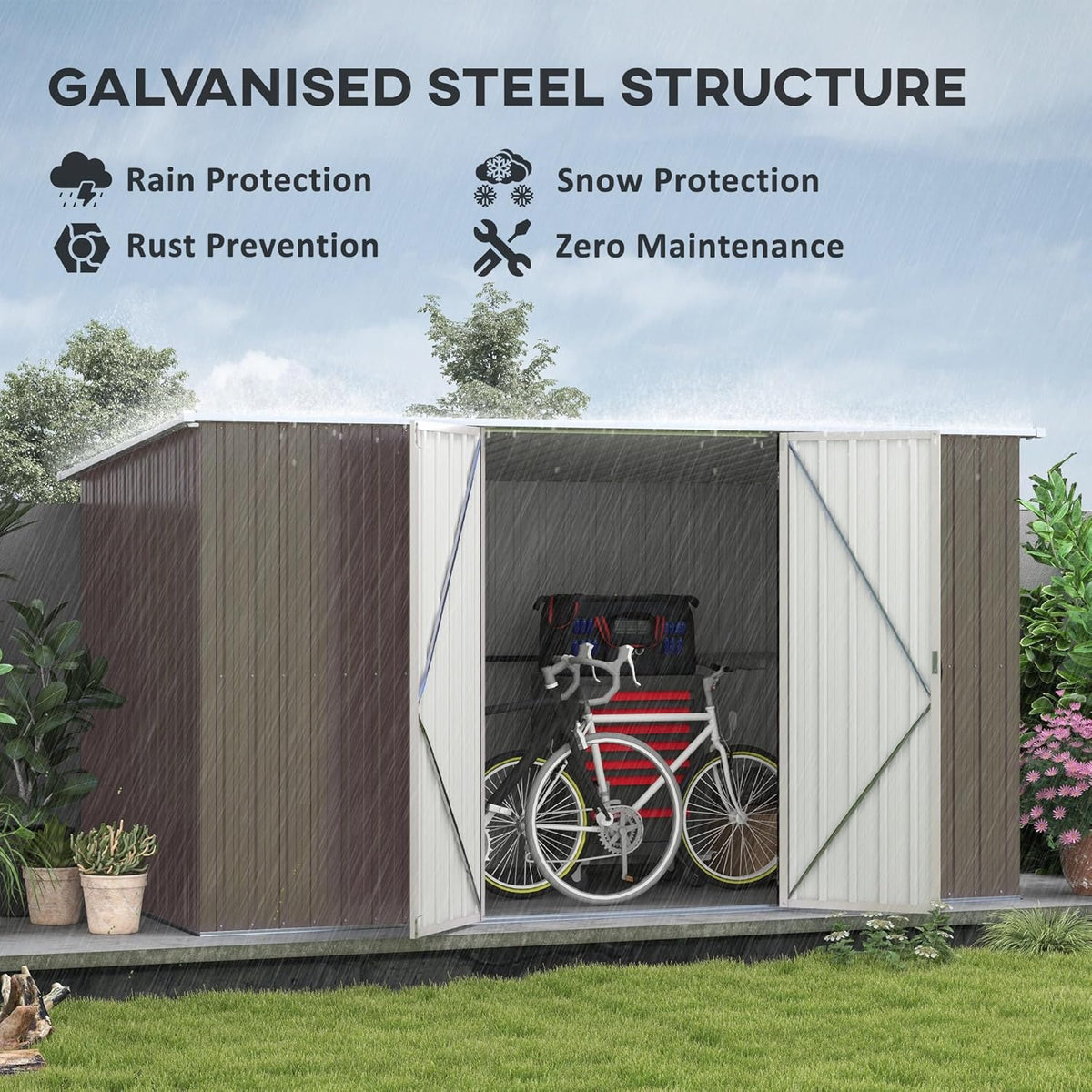 Outsunny 11' x 6' Outdoor Storage Shed, Galvanized Metal Utility Garden Tool House, 2 Vents and Lockable Door for Backyard, Bike, Patio, Garage, Lawn, Light Gray