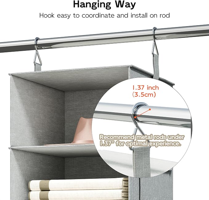 Vailando 6-Tier Hanging Shelves for Closet, Two 3-Shelf Hanging Closet Organizer w/ 4 Side Pockets and 3 Drawers, Combinable for Dorm Wardrobe Organizer and RV Storage and Organization