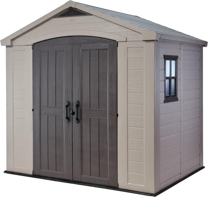 Keter Factor (8x6 ft) Large Resin Outdoor Storage Shed for Patio Furniture, Lawn Mower, Garden Accessories Yard Tools, and Pool Toys, Taupe