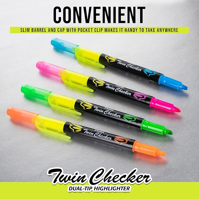 Pentel Twin Checker Dual-tip Highlighter, Chisel Tip, Assorted Colors, Pack of 4 (SLW8BP4M)