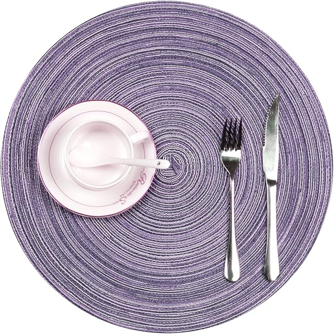 SHACOS Round Braided Placemats Set of 6 Round Placemats Cotton Blend Fabric Table Mats for Wedding Party (Light Purple, 6)