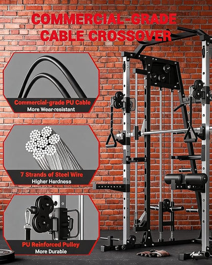 Garvee Smith Machine Home Gym, 2200LBS Power Cage Squat Rack with Smith Bar | With Cable Crossover, LAT Pull-Down & Leg Hold-Down - Multi-Functional Strength Training Equipment for Home, Red
