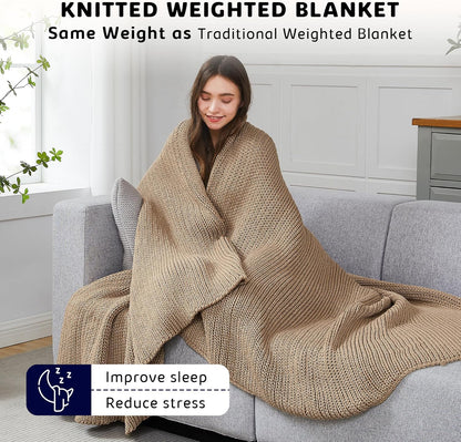 L'AGRATY Knitted Weighted Blanket - 48"x72" 12lbs Cooling Chunky Knit Heavy Blanket for Adults Braided Crochet Throw Thick Cable Yarn Knit Decorative No Beads Evenly Weighted Machine Washable