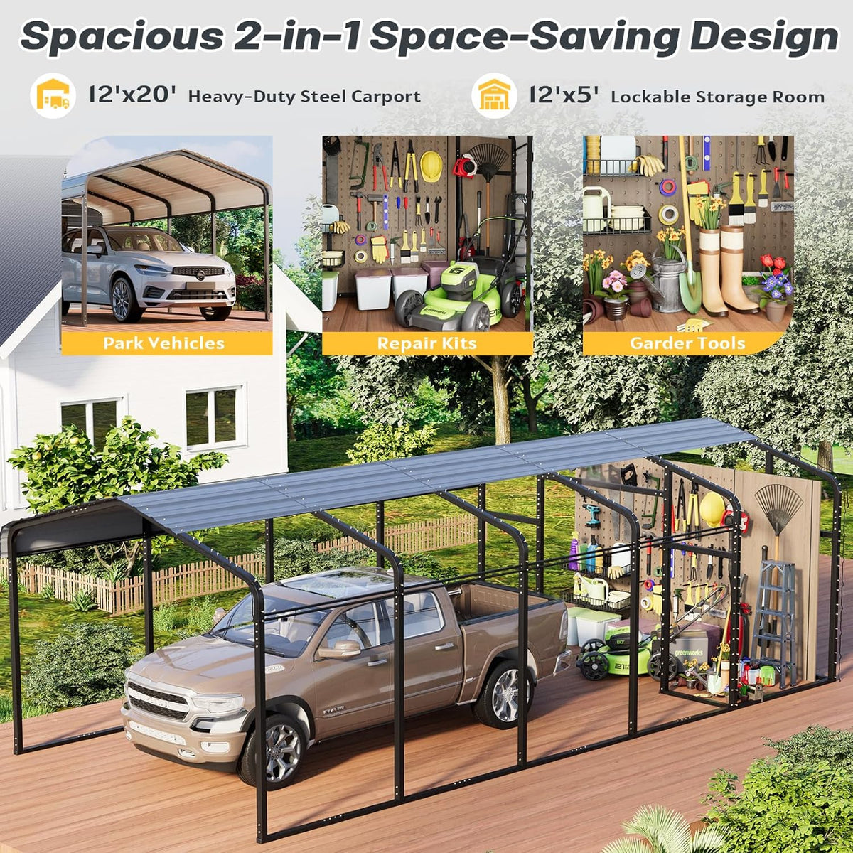 EROMMY 12x25 FT Carport Storage Shed 2-in-1, Heavy Duty Car Port with Galvanized Metal Frame, Base-Reinforced Enclosed Storage Shelter, Extended Coverage for Trucks, Cars & All Vehicles, Gray