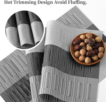 Leetaltree Grey with White Striped Placemats Set of 6 - Heat Resistant Non-Slip Place mats for Dining Table, Washable Durable PVC Vinyl Woven Table Mats（Grey Stripe, 6）