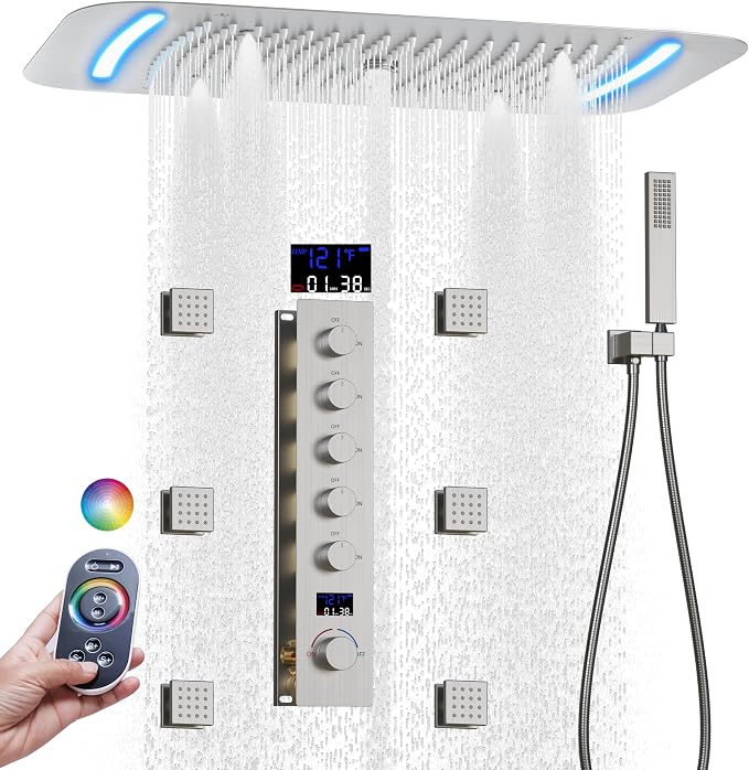 AYIVG Brushed Nickel Thermostatic Rainfall Shower System 16 x 26 Inch Temperature Display Shower Faucet System with Body Jets Smart Ceiling Mount Multi Function 64 Color LED Rainfal Shower Set