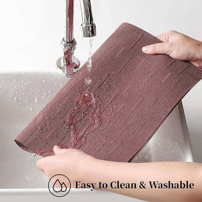 Leetaltree Burgundy Placemats Set of 12 - Heat Resistant Non-Slip Place mats for Dining Table, Washable Durable PVC Vinyl Woven Table Mats（Burgundy, 12）