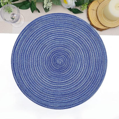 SHACOS Round Braided Placemats 15 inch Set of 6 Washable Kitchen Table Placemats for Home Wedding Party (Blue White, 6)