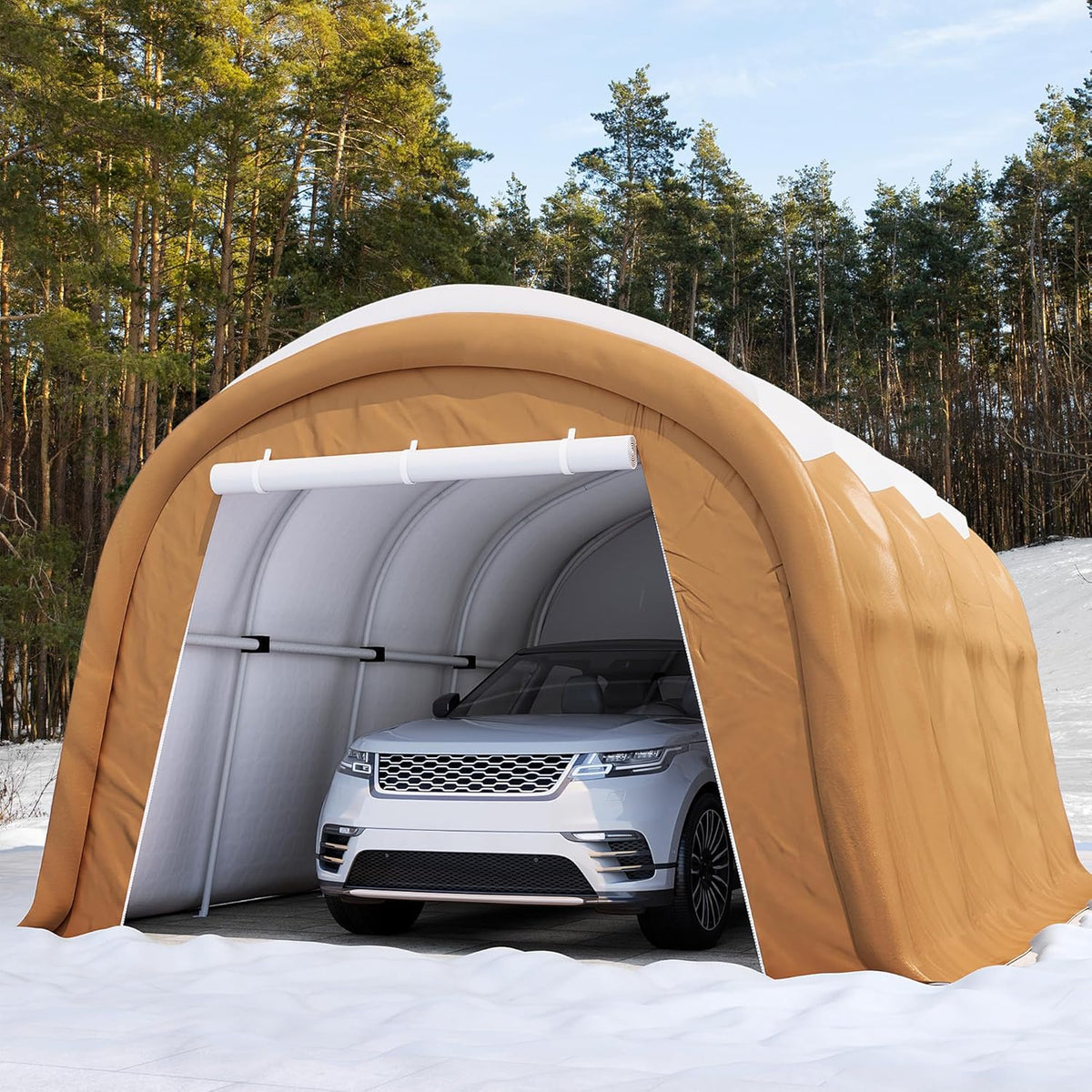 SUNBURY Carport, 10x20 FT Heavy Duty Canopy, Portable Garage with All-Steel Metal Frame & Double Zipper Doors, Round Style Outdoor Storage Shed for Car, Truck, Boat, Patio Furniture, Brown