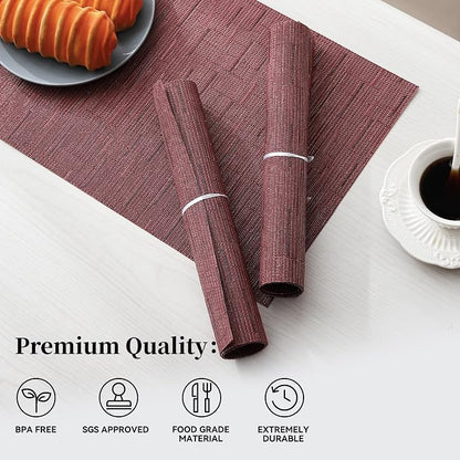Leetaltree Burgundy Placemats Set of 4 - Heat Resistant Non-Slip Place mats for Dining Table, Washable Durable PVC Vinyl Woven Table Mats（Burgundy, 4）
