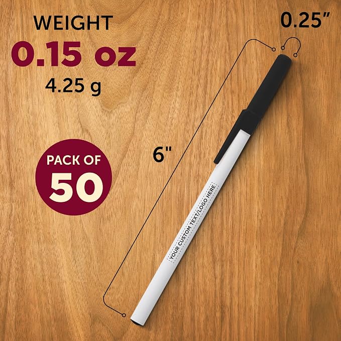 DISCOUNT PROMOS Custom Value Stick Pens Set of 50, Personalized Bulk Pack - Black Ink, Great for Office, School, Business, Tradeshows, Events - Black