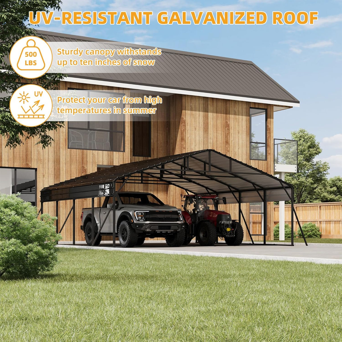 20x20FT Metal Carport Kits with Galvanized Steel Roof, Heavy Duty Metal Roof Carport with Enhanced Base, Tall MetalCarport Kits Garage for Tractors, Pickup, Boat, Car