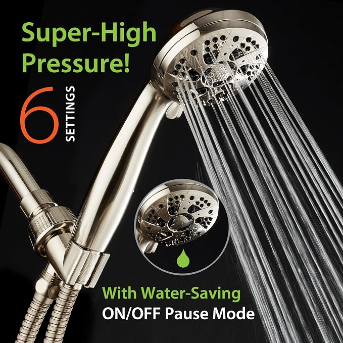 AquaDance For California High Pressure 6-Setting Full Brushed Nickel Face Handheld Shower with Hose for Ultimate Shower Experience! Officially Tested to Meet Strict US Quality & Performance Standards!