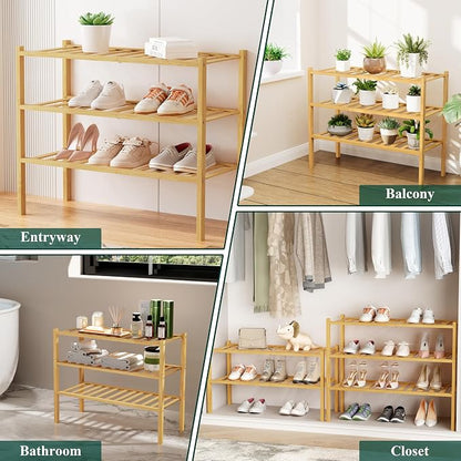 Smiry Bamboo Shoe Rack, 3 Tier Free Standing Wooden Shoe Organizer, Stackable Wood Shoe Storage Shelf for Closet, Entryway, 12 Vertical Slats, 2+1 Stack Standard Legs, 26.8"x11"x19.5", Natural