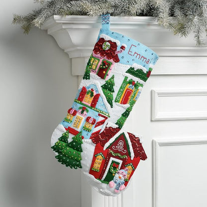 Bucilla Felt Applique 18" Stocking Making Kit, Christmas Town, Perfect for DIY Arts and Crafts, 89528E