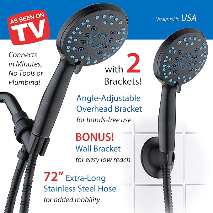Hotel Spa AquaCare High Pressure 8-mode Handheld Shower Head - Anti-clog Nozzles, Built-in Power Wash to Clean Tub, Tile & Pets, Extra Long 6 ft. Stainless Steel Hose, Wall & Overhead Brackets