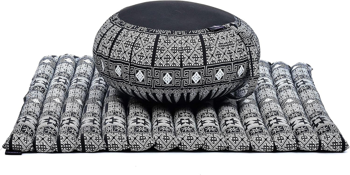 Leewadee Meditation Cushion Set – 1 Round Zafu Meditation Pillow and 1 Square Roll-Up Zabuton Meditation Mat, Pillows Bundle Filled with Kapok