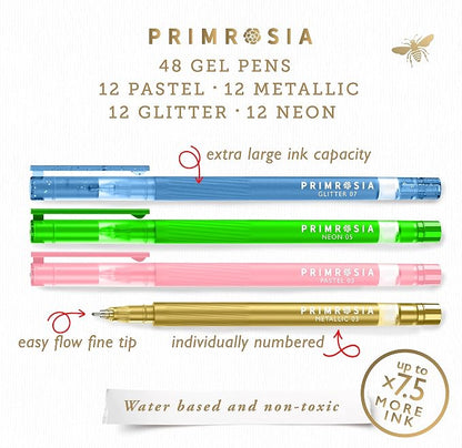 Primrosia 48 Gel Pens, inc. Metallic, Pastel, Glitter & Flourescent for Adult Coloring Book & Dot Grid Journal Pens. No-Bleed-Through in a Variety of Shades, 7.5x More Ink Fine Point Markers Set