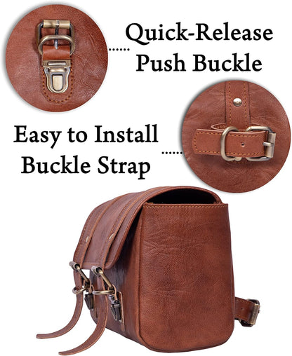 Genuine Leather Large Capacity Saddle Bag For Motorcycle Side Pouch Accessories Storage Panniers Motorbike Universal Handmade Saddlebags For Bike Commuters Handlebar Bicycle Brown Leather Tool Bag