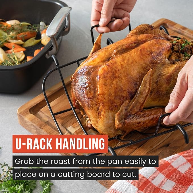 Chef Pomodoro Deluxe Large Carbon Steel Roasting Pan with U-Rack, 18.5 x 14.5-In (47 x 37 cm), Extra-Large, Grey – The Ultimate Solution for Flawless Roasts, BBQs, and Oven-to-Table Entertaining