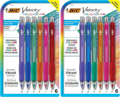 BIC Velocity Mechanical Pencils with Colored Leads, Medium Point (0.7 mm), Perfect for Drawing and Journaling (MV7CP61-AST), 6 Count (Pack of 2)
