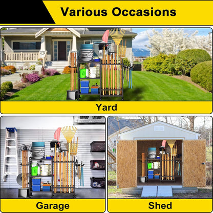 GIOTORENT 6 Tier Garden Tool Organizer, Garage Storage and Organization, Metal Yard Tools Storage Rack, Heavy Duty Garden Tool Organizer for Garage, Yard, Patio, Shed, Indoors and Outdoors, Black