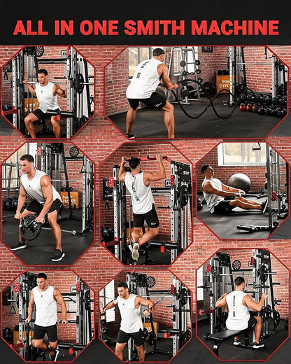Garvee Smith Machine Home Gym, 2200LBS Power Cage Squat Rack with Smith Bar | With Cable Crossover, LAT Pull-Down & Leg Hold-Down - Multi-Functional Strength Training Equipment for Home, Red