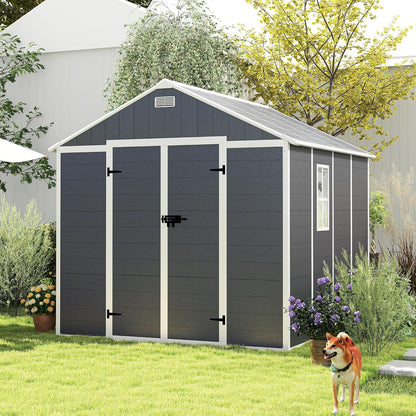 MyVoice 8x8 FT Outdoor Resin Storage Shed with HD Window, Rustproof Waterproof Garden Tool Shed, 12mm Thickened PP Panels, Large Capacity Outdoor Utility House for Backyard Patio (with Floor)