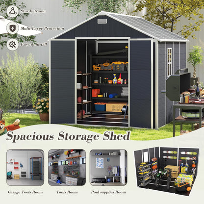 MyVoice 8x8 FT Outdoor Resin Storage Shed with HD Window, Rustproof Waterproof Garden Tool Shed, 12mm Thickened PP Panels, Large Capacity Outdoor Utility House for Backyard Patio (with Floor)