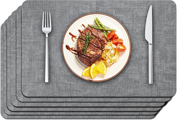 Maxpearl Faux Leather Placemats Set of 6 - Waterproof - Wipe Clean - Heat Resistant - Anti Slip Dining Table Place Mats, Suitable for Indoor & Outdoor Use, 17’’×12’’, Grey