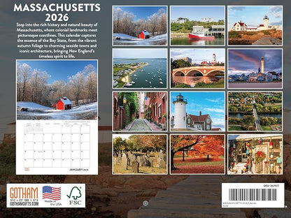Massachusetts Calendar 2026 Wall 12 Month Monthly MA Scenic Souvenirs Themed Gifts | American Made In The USA