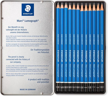 STAEDTLER Mars Lumograph Art Drawing Pencils (12-Pack) - Sustainable, Break-Resistant Graphite, Metal Case