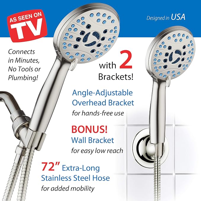 Hotel Spa AquaCare High Pressure 8-mode Handheld Shower Head - Anti-clog Nozzles, Built-in Power Wash to Clean Tub, Tile & Pets, Extra Long 6 ft. Hose, Wall & Overhead Brackets - 1.8 GPM