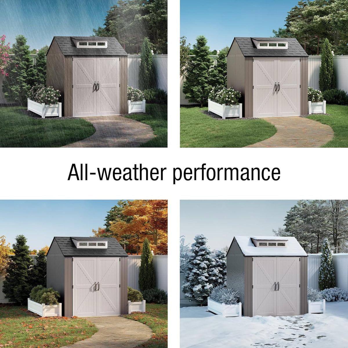 Rubbermaid Large Resin Outdoor Storage Shed With Floor (7 x 7 Ft.), Weather Resistant, Brown, Organization for Home/Lawn Mower/Backyard Equipment/Bike Storage/Pool Supplies
