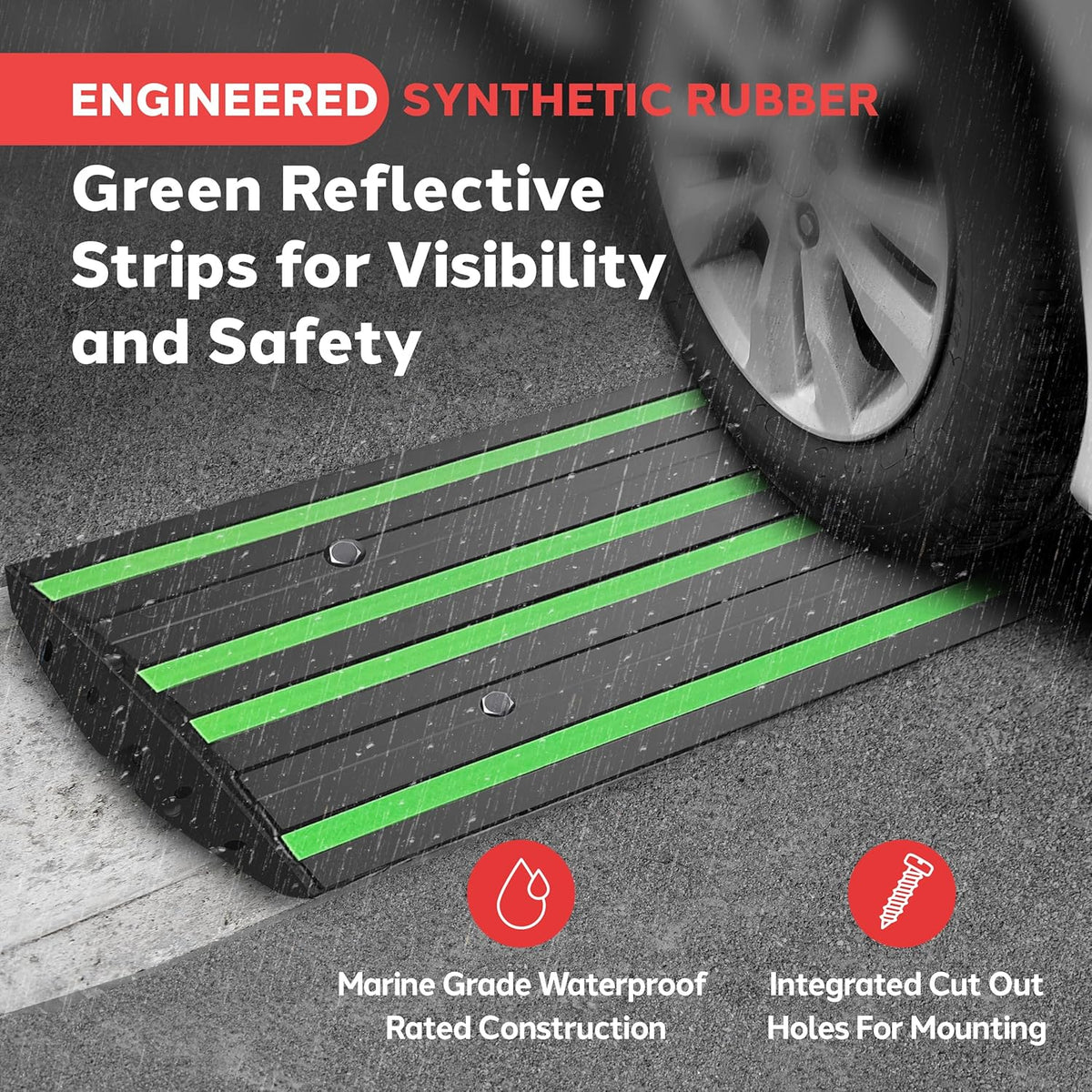 Pyle 4 ft. Rubber Threshold Curb Ramp, Heavy Duty, Non-Slip Car Ramp for Driveways, Garages, and Sidewalks, Green Reflective Strips, Waterproof, with Expansion Screws, 48.0’’x 16.0’’ x 2.6’’ Inch