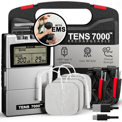 TENS 7000 Rechargeable Tens Unit Muscle Stimulator, EMS Muscle Stimulator, Back Pain Relief, 4 Electrodes/Unit Pads, Period Pain Simulator, Muscle Recovery & Growth, Stim Machine, Electrotherapy