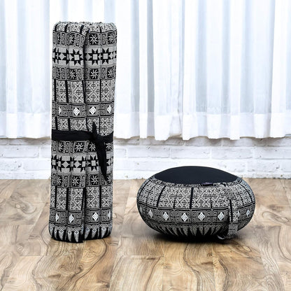 Leewadee Meditation Cushion Set – 1 Round Zafu Meditation Pillow and 1 Square Roll-Up Zabuton Meditation Mat, Pillows Bundle Filled with Kapok
