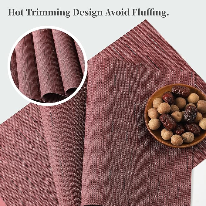 Leetaltree Burgundy Placemats Set of 4 - Heat Resistant Non-Slip Place mats for Dining Table, Washable Durable PVC Vinyl Woven Table Mats（Burgundy, 4）