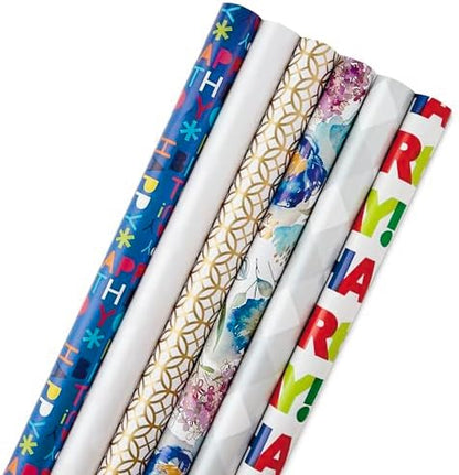 Hallmark Birthday Wrapping Paper Rolls for Graduation, Wedding, Baby Shower, Bridal Shower - Floral, White and Gold & Polka Dot Gift Wrap Paper (Set of 6 Assorted Rolls: 180 sq. ft. ttl.)